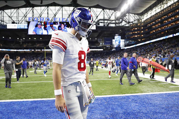 Oct 27, 2019; Detroit, MI, USA; New York Giants quarterback Daniel Jones (8) walks off the field following the loss against the Detroit Lions at Ford Field.